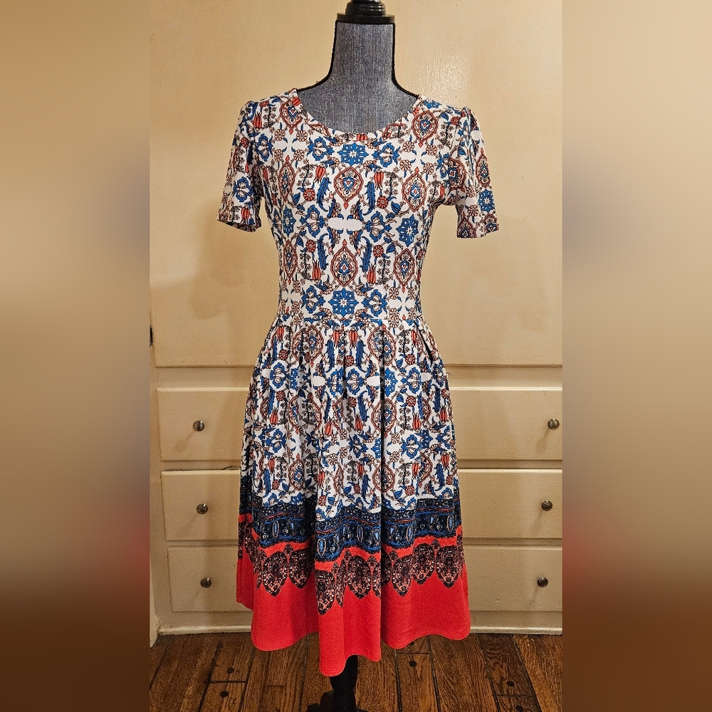 LuLaRoe Medium Fit & Flare Dress Boho Tribal Print Short Sleeve A-Line